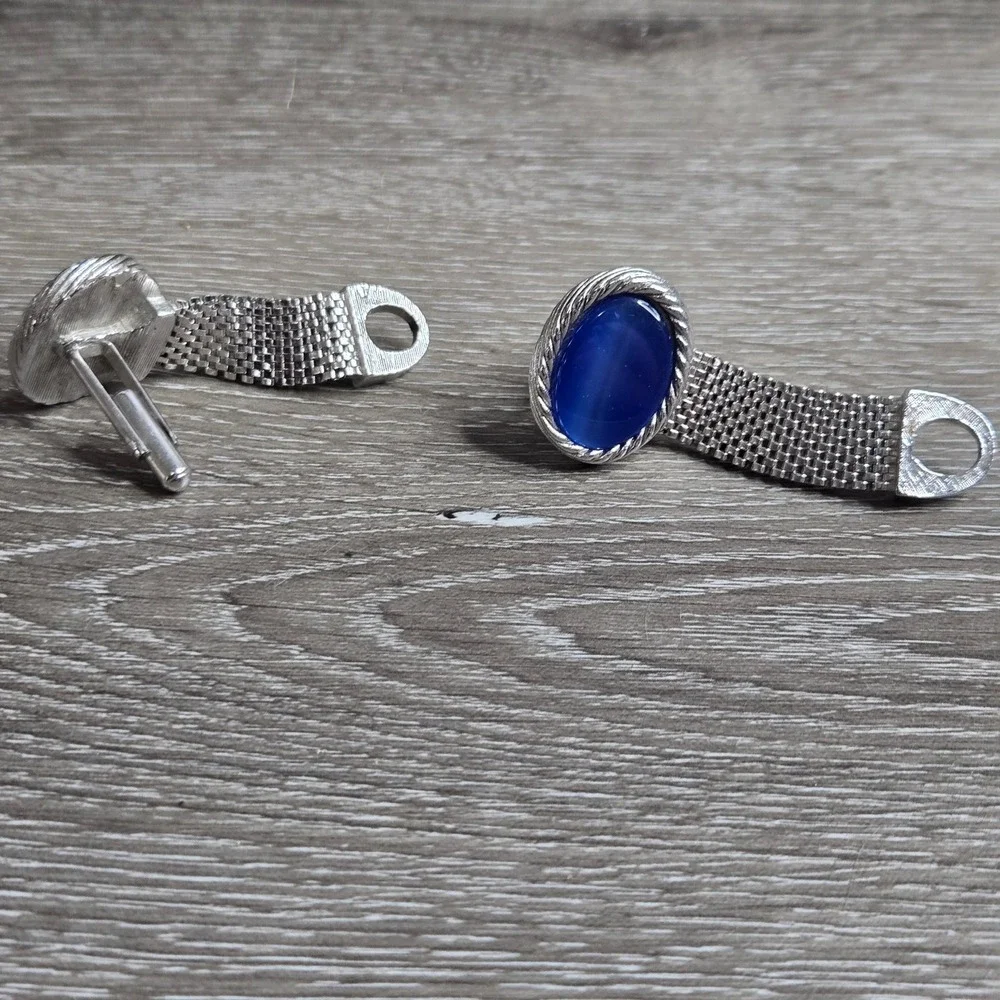 Silver Tone Blue Chatoyant Glass Cufflinks Wrap Around Mesh Toggle Back